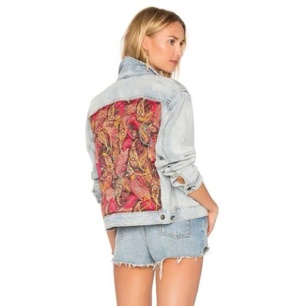 Free People Light Blue Wash Jean Jacket with Quilted Paisley Back